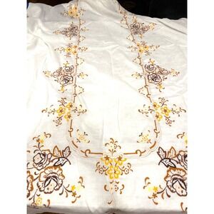 Vintage Embroidered Linen Tablecloth White Brown Yellow Scalloped Edge Retro